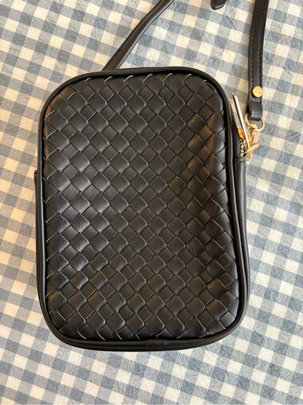 Black Woven Crossbody Bag with Gold Hardware
